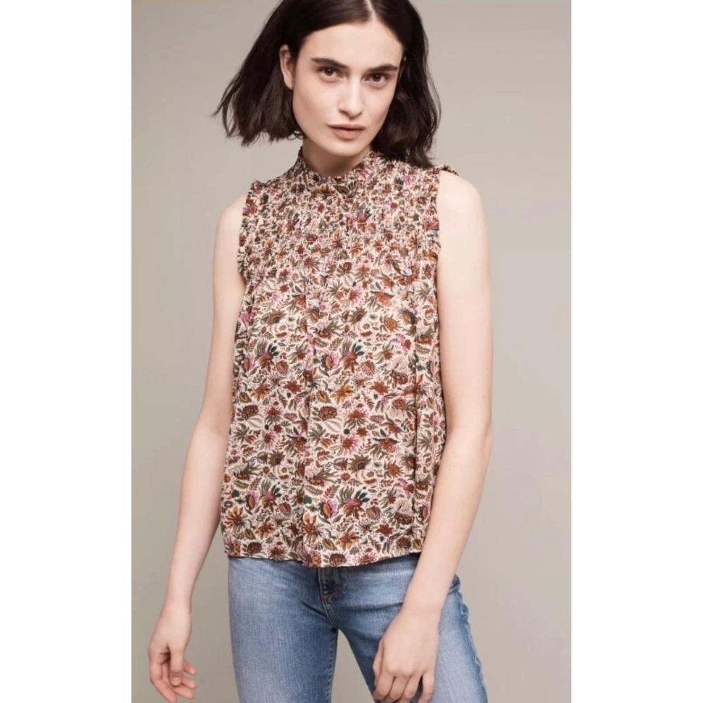 Maeve Darby Smocked JacobeanFloral Top sz 10 Neutral cottagecore boho